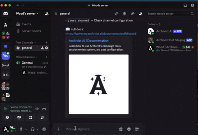 /start command in a Discord text channel