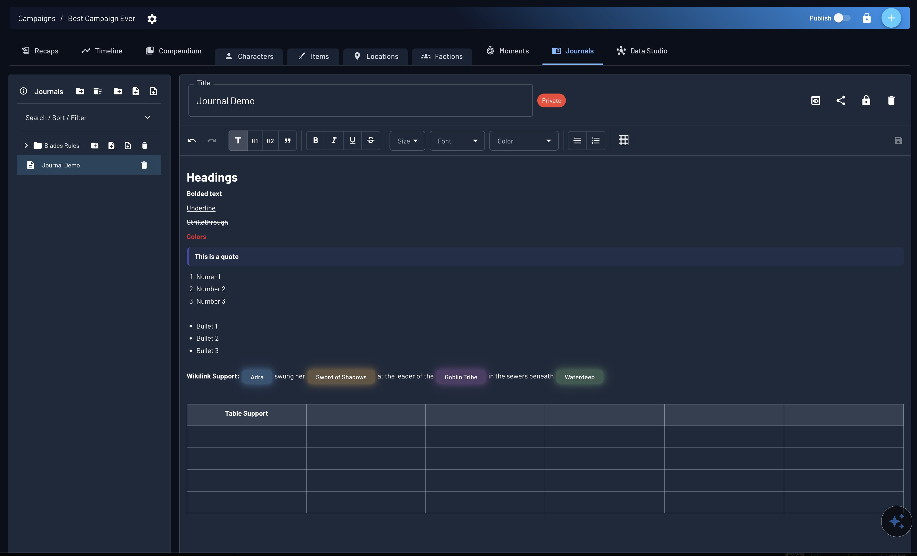 Archivist planning journal workspace showing prep notes and structured campaign context