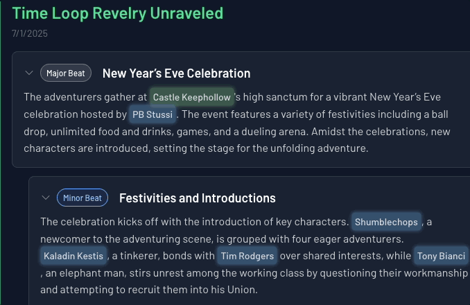 Archivist WikiLinks showing automatic connections between characters, items, locations, factions, and campaign moments